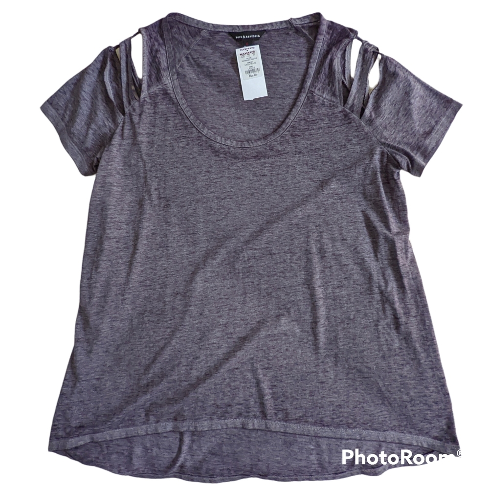 Rock & Republic Top Womens Sz L Frost Gray Cutout Scoop Neck Tee NWT - Picture 5 of 9